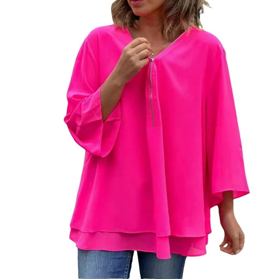 Afdoent Blouses For Women Solid Color 3/4 Sleeve Loose Shirt Top Zipper V Neck Shirt Layered Top Summer Outfits 2025