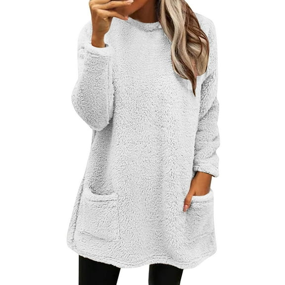 Afdoent Blouses For Women Solid Color Autumn Winter Warm Crew Neck Long Sleeve Pocket Casual Sanitary Dress Fashion