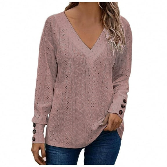 Afdoent Blouses For Women Tops Dressy Casual V Neck Long Sleeve Buttons Hollow Out Lace Embroidered Blouses Shirts Fashion
