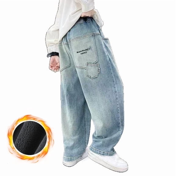 Afdoent Boys Jeans Boys Denim Jeans For Winter And Thickened Warm Casual Trousers With Comfortable Stretch Fit Toddler To Big Kids Stylish Outfits 9-10 Years