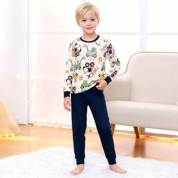 Afdoent Boys Pajamas Set Cartoon Print Long Sleeve Thermal Sleepwear Kids Two Piece Outfit Loungewear For Children Soft Comfortable 5-6 Years