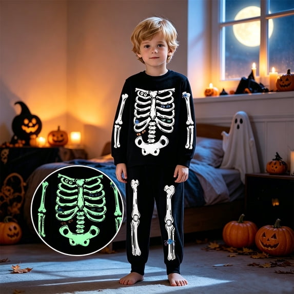 Afdoent Boys Pajamas Set Halloween Skeleton Pjs Glow In The Dark Sleepwear Pant Sets Kids Jammies Toddler Kids Fall Winter Loungewear Holiday Pjs Classic 3-4 Years