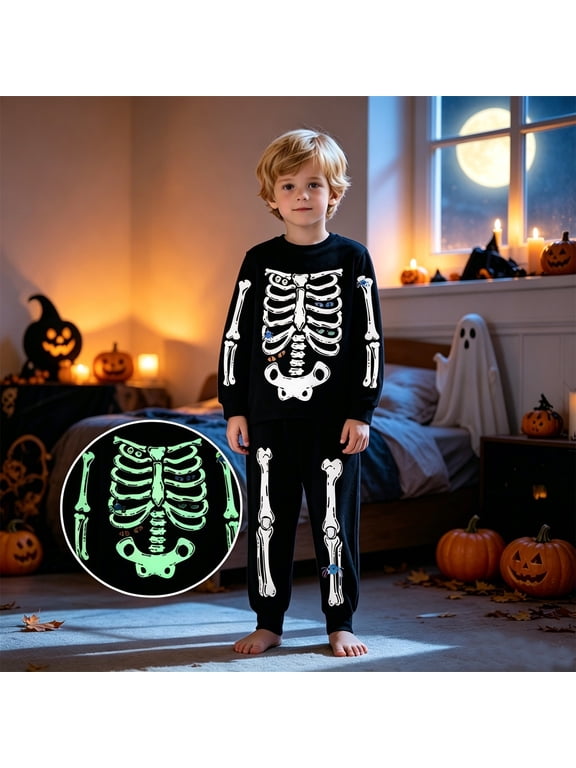 Boys Pajamas Set Halloween Skeleton Pjs Glow In The Dark Sleepwear Pant Sets Kids Jammies Toddler Kids Fall Winter Loungewear Holiday Pjs Comfort 5-6 Years