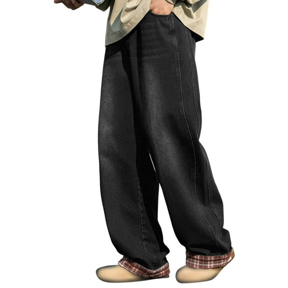 Afdoent Casual Pants For Men Casual Vintage Denim Trousers Leg Splicing Checkered Design Straight Loose Casual Versatile Color Block Elastic Waist Jeans Breathable