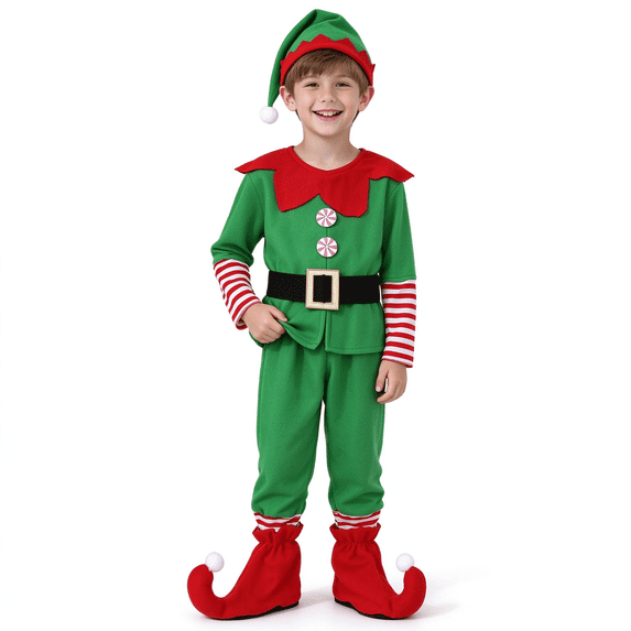 Afdoent Christmas Elf Set for Kids Boys Family Matching Outfits with Hat Belt Boot Covers for Holiday Party Dress Up