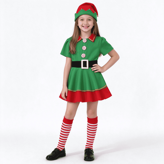 Afdoent Christmas Elf Set with Hat Belt Socks for Girls Family Matching Xmas Outfits Holiday Party Dress Up