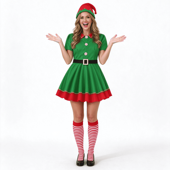 Afdoent Christmas Elf Set with Hat Belt Socks for Women Family Matching Xmas Outfits Holiday Party Dress Up