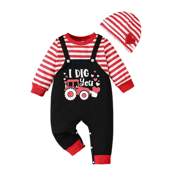 Afdoent Cute Baby Boy Girl Romper Boys Girls Valentine's Day Long Sleeve Romper Striped Letter Print Jumpsuit Hat Set Kids Gifts