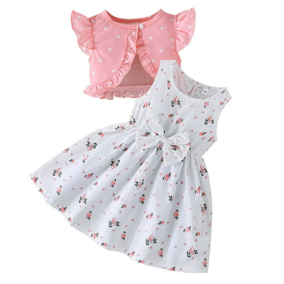 Afdoent Cute Outfits For Girls Summer Baby Girl Cute Heart Print Jacket With Floral Dress Casual Party Picnic Spring Outfit Set For Toddler 6 Months To 3 Years Comfortable 6-9 Months