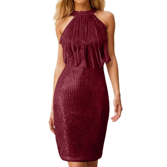 Afdoent Dresses For Women 2026 Party Neck Sequin Fringe Dress Sleeveless Midi Evening Gown For Formal Party Dresses