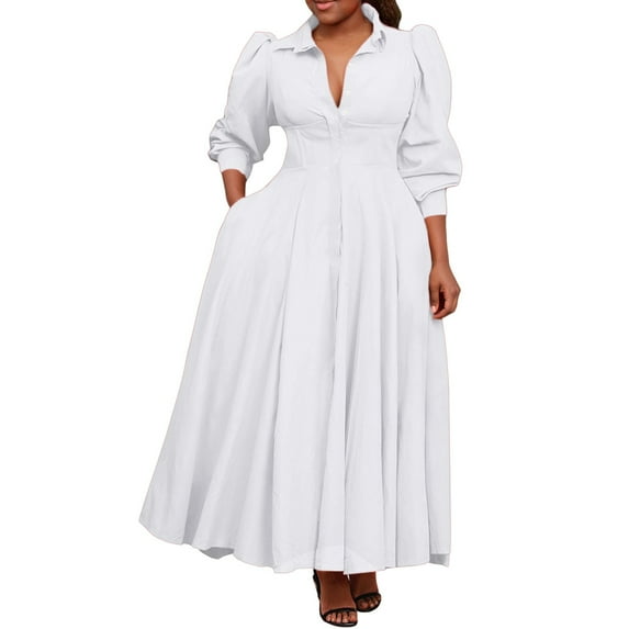 Afdoent Dresses For Women 2026 Pleated Shirt Maxi Dress For Puff Long Sleeve Button Outfits With Pockets Beach Vacation Clothes