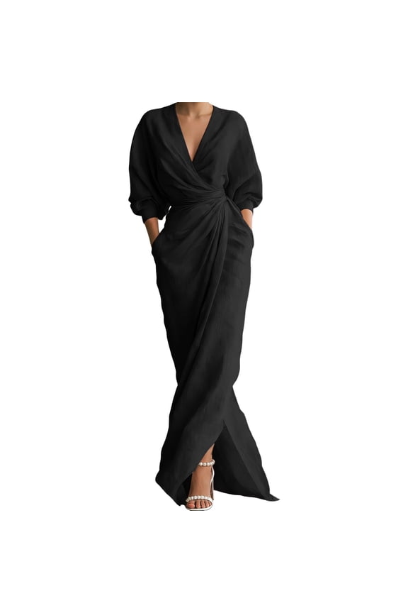 Dresses For Women And Extra Long Dress V Neck Long Sleeve Ruffled Tie Waist Asymmetric Split Elegant Dress Beach Vacation Clothes Classic