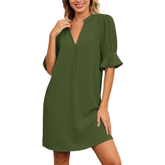 Afdoent Dresses For Women Casual Summer Dress Solid Color V Neck Relaxed Shirred Midi Sleeve Smocked Waist Flowy Tunic Vacation Fashion Outfits