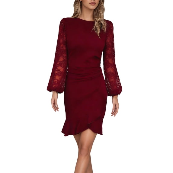 Afdoent Dresses For Women Fashionable Casual Elegant Crew Neck Lace Puff Sleeve Dress For Flowy Summer Dress Comfortable Versatile Travel Outfits