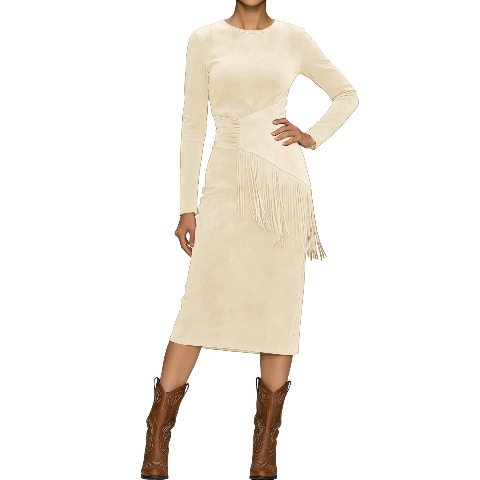 Afdoent Dresses For Women Fringe Dress For Long Sleeve Bodycon Maxi ...