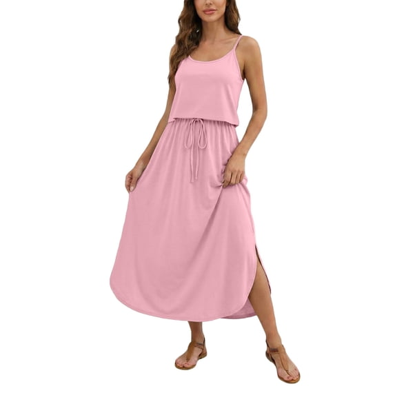 Afdoent Dresses For Women Sleeveless Solid Color U Neck Dress With Adjustable Drawstring Side Slit Beach To Brunch Travel Outfits