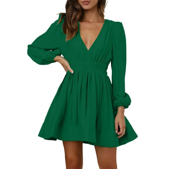 Afdoent Dresses for Women Deep V Sexy Dress Long Sleeve A Line High Waisted Casual Flowy Dress 2025 Beach Vacation