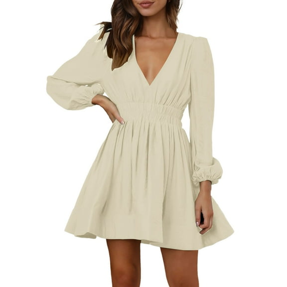 Afdoent Dresses for Women Deep V Sexy Dress Long Sleeve A Line High Waisted Casual Flowy Dress Leisure