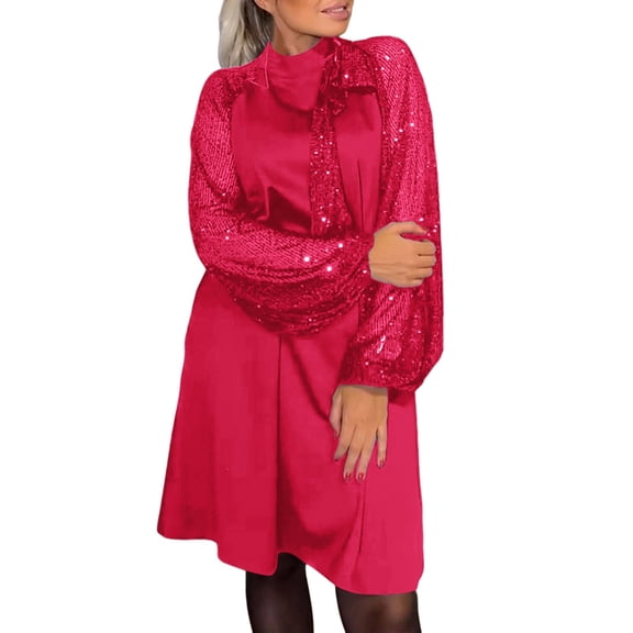 Afdoent Dresses for Women Ladies Sweet Long Sleeve Crew Neck Stitching Sequined Tie Mini Skirt Fashion Trendy 2025