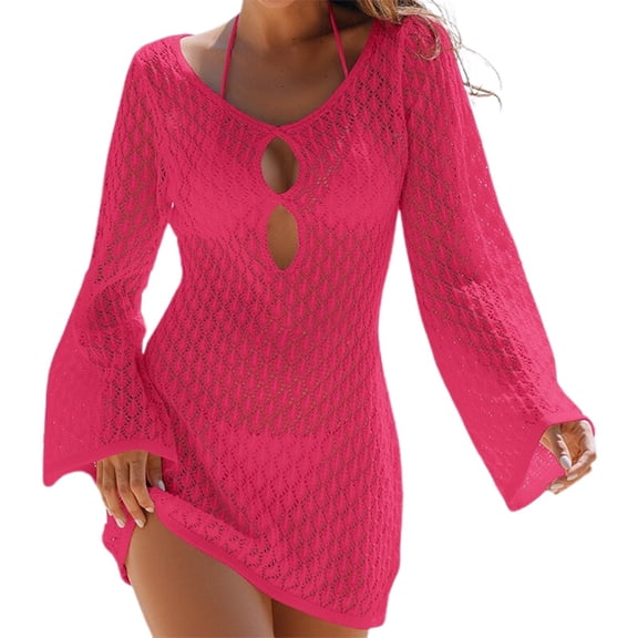 Afdoent Dresses for Women New Cut Out Textured V Neck Long Sleeve Holiday Cropped Dress Beach Sunscreen Backless Skirt Fashion Trendy 2025