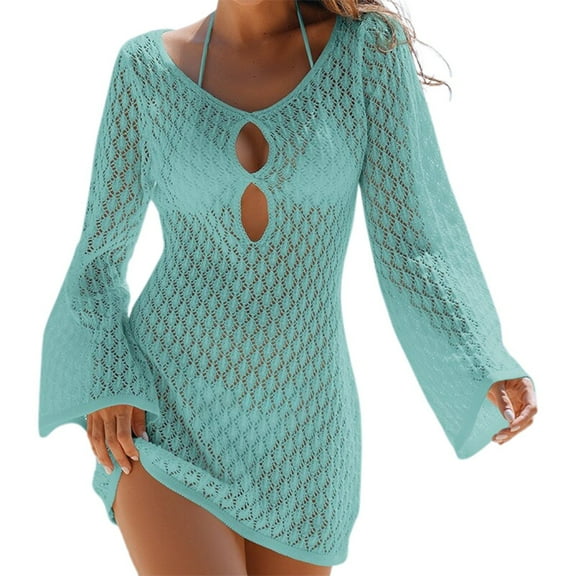 Afdoent Dresses for Women New Cut Out Textured V Neck Long Sleeve Holiday Cropped Dress Beach Sunscreen Backless Skirt Leisure