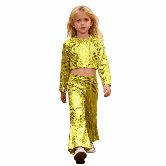 Afdoent Fashion Clothing Sets Girls Glitter Sequin Party Performance Outfit Two Piece With Round Sequins And Flared Pants For And Stage Shows 170