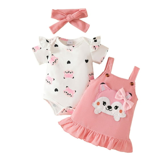 Afdoent Girl Outfits Toddler Baby Girls Short Sleeve Cartoon Print Romper And Skirts Headband 3Pcs Outfits Clothes Set For Children Comfortable 9-12 Months
