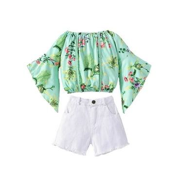 Afdoent Girl Outfits Summer Girls Off Shoulder Floral Print Flared Sleeve Top & Denim Shorts 2 Piece Set Fashion 4-5 Years
