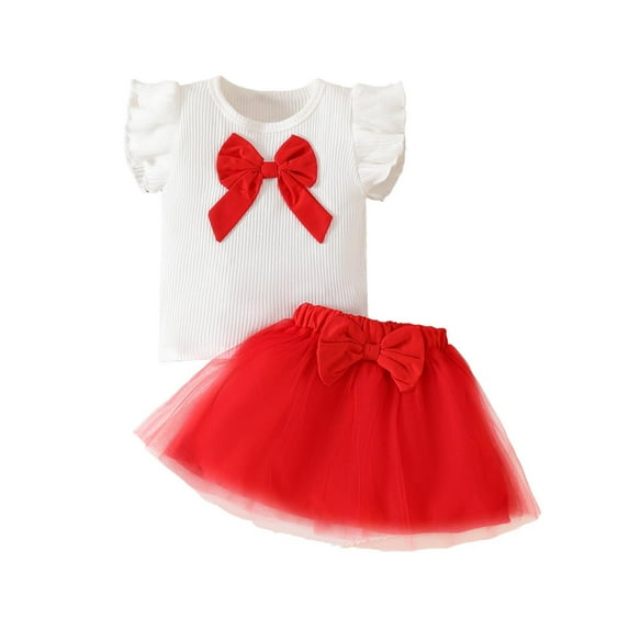 Afdoent Girl Outfits Toddler Girls Fly Sleeve Bowknot Ribbed Tops T Shirt Skirts Outfits Cute Kids Clothes 6-12 Months