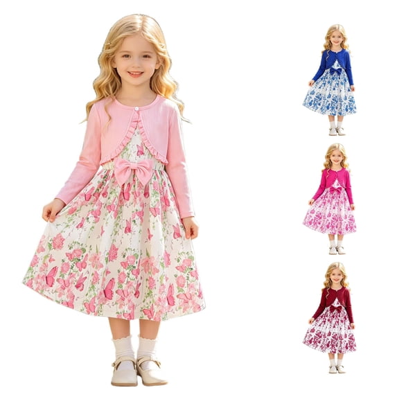 Afdoent Girls 2 Piece Outfit Solid Color Long Sleeve Cardigan Floral Print Sleeveless Dress Outfit For Fall 5-6 Years