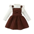 thumbnail image 1 of Afdoent Girls 2 Piece Outfits Christmas Winter Girls Outfits 2 Piece Long Sleeve Ribbed Strap Shirt With Bow Detail And Brown Pinafore Dress For Toddler And Kids 12-18 Months, 1 of 9