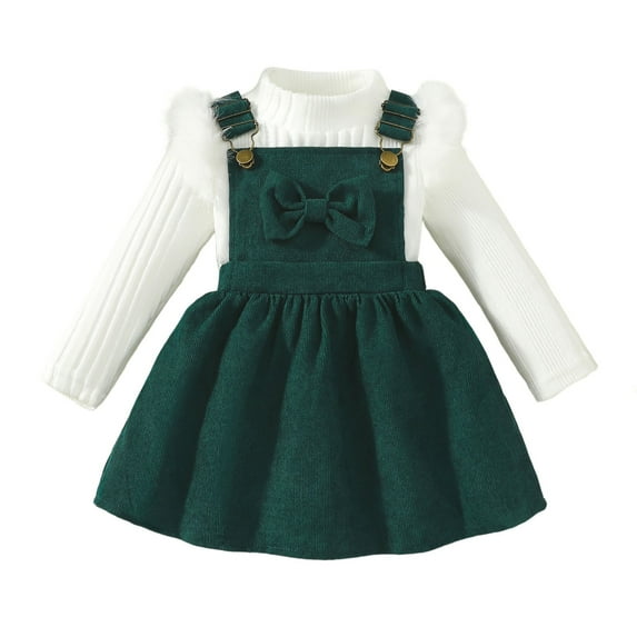 Afdoent Girls 2 Piece Outfits Christmas Winter Girls Outfits 2 Piece Long Sleeve Ribbed Strap Top With Bow Tie Dress Toddler Holiday Party Wear 12-18 Months