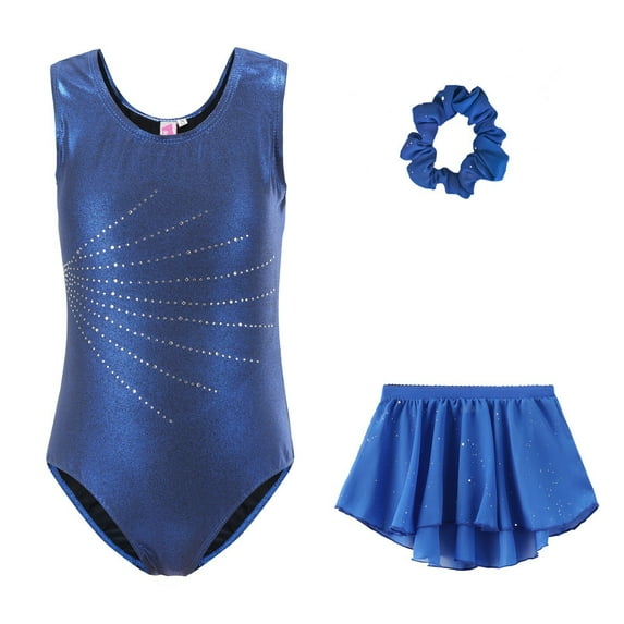 Afdoent Girls 2 Piece Outfits Girls Long Sleeve Dance Gymnastics Outfit With Glitter Rhinestone Printed Leotard Pants Headband Performance 5-6 Years