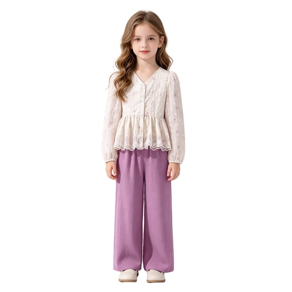 Afdoent Girls 2 Piece Outfits Lace Blouse Top Solid color Loose Casual Wide Leg Long Pants Outfit