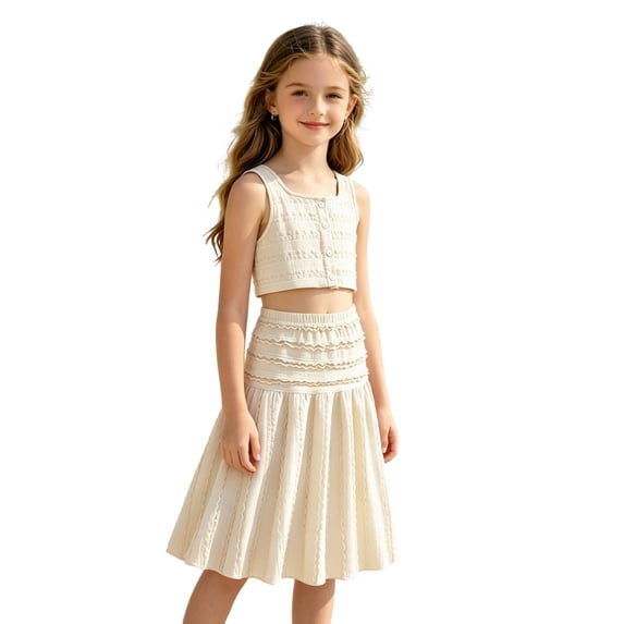 Afdoent Girls 2 Piece Outfits Summer Solid Color Sleeveless Crop Top High Waist Ruffle Skirt For Toddler Kids