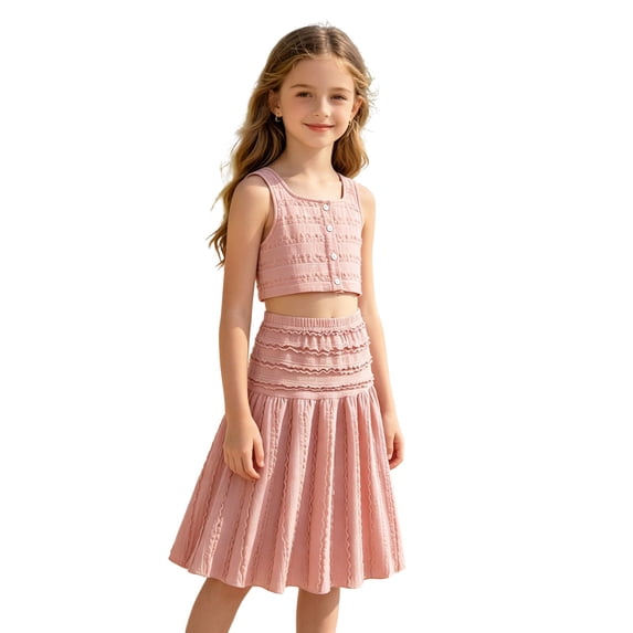 Afdoent Girls 2 Piece Outfits Summer Solid Color Sleeveless Crop Top High Waist Ruffle Skirt For Toddler Kids