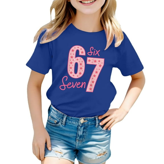 Afdoent Girls 67 Funny Number T Shirt Short Sleeve Crew Neck Printed Casual Tee Soft Comfortable Daily Wear Top For Toddler Youth 6-7 Years