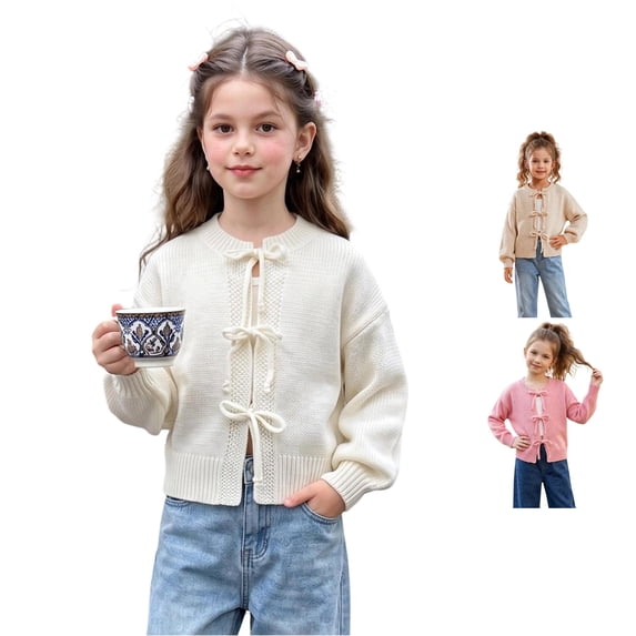 Afdoent Girls Cardigan Sweater Bow Knot Knit Sweater Basic Pullover for Baby Casual Outerwear 6-8 Years