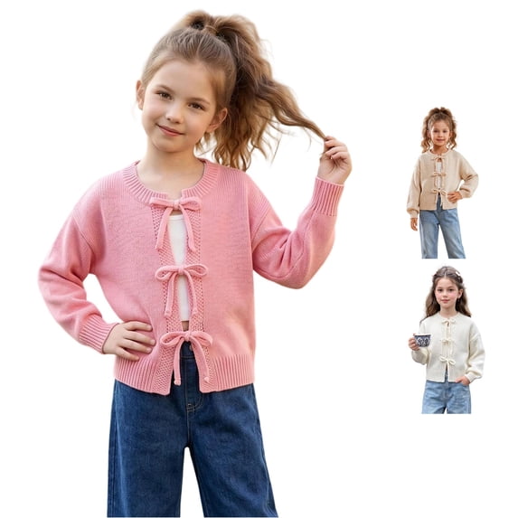 Afdoent Girls Cardigan Sweater Bow Knot Knit Sweater Basic Pullover for Baby Casual Outerwear 8-10 Years