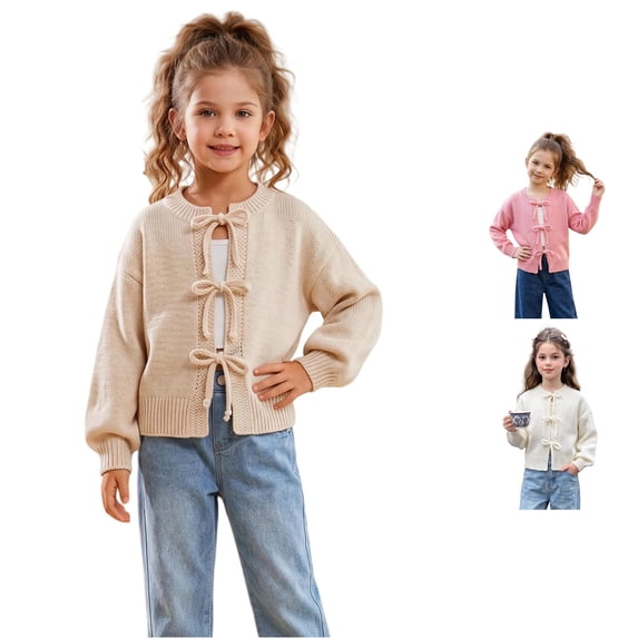 Afdoent Girls Cardigan Sweater Bow Knot Knit Sweater Basic Pullover for Baby Casual Outerwear 8-10 Years