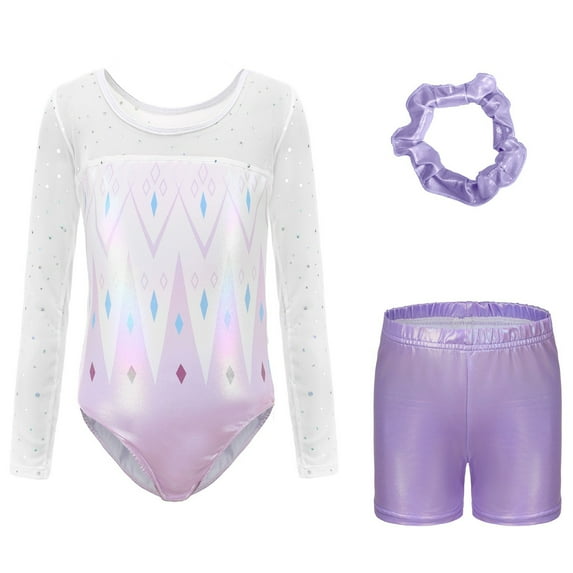Afdoent Girls Clothes Fashion Girls Long Sleeve Dance Gymnastics Outfit With Glitter Rhinestone Printed Leotard Pants Headband Performance 9-10 Years