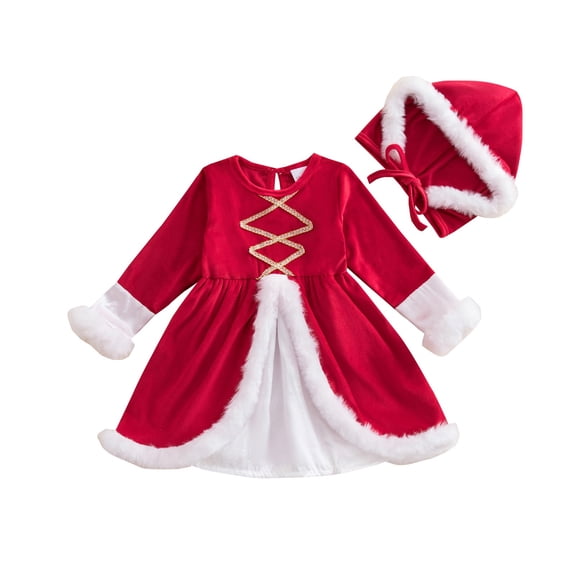 Afdoent Girls Clothes Fashion Party Dress With Hat Christmas Velvet Tutu Outfit For Girls Holiday Pageant Performance Elegant Red Two Piece 2-3 Years