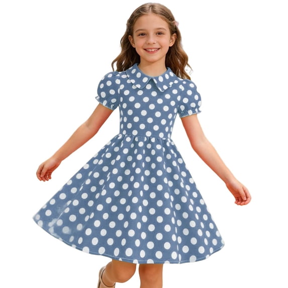 Afdoent Girls Dress Kids Summer Casual Short Sleeve Polka Dot Dress With Collar Soft Playwear For Toddlers And Kids For Birthday Daily Wear 5-6 Years