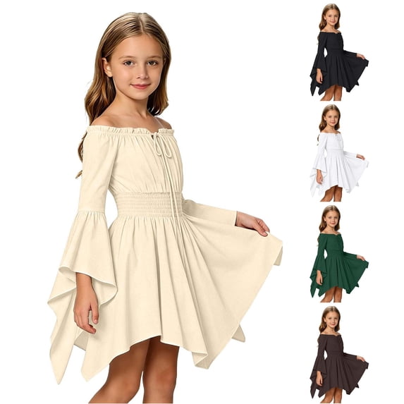 Afdoent Girls Dresses Casual Off Shoulder Ruffle Dress for Girls with Tie Straps Comfort