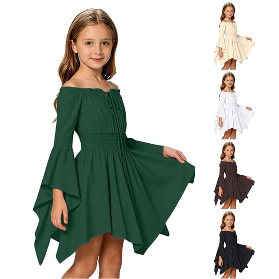 Afdoent Girls Dresses Casual Off Shoulder Ruffle Dress for Girls with Tie Straps Comfortable