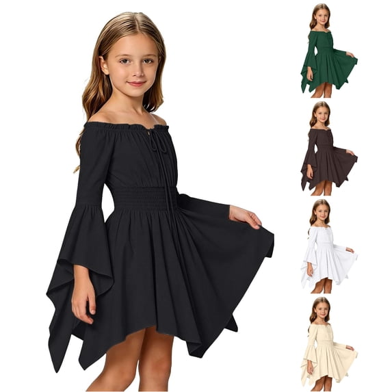 Afdoent Girls Dresses Casual Off Shoulder Ruffle Dress for Girls with Tie Straps Daily Wear