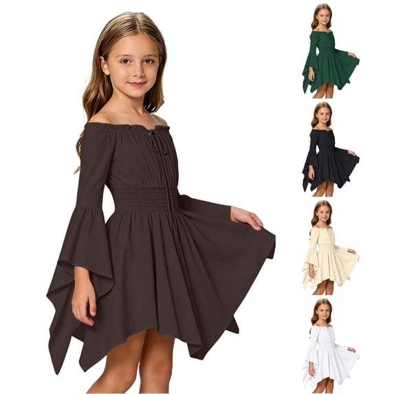 Afdoent Girls Dresses Casual Off Shoulder Ruffle Dress for Girls with Tie Straps Fashion
