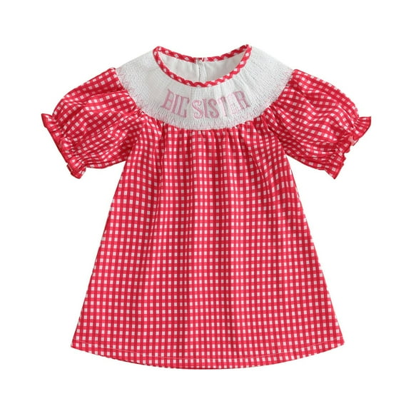 Afdoent Girls Dresses Smocked Dress With Embroidery Floral Party Gown Plaid Ruffled Sleeves Casual Play Outfit 18-24 Months