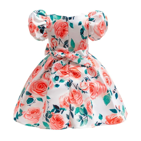 Afdoent Girls Fashion Dresses 2025 Rose Floral Print Kids Puff Sleeve Gown Children's Formal Party Dress 3-4 Years