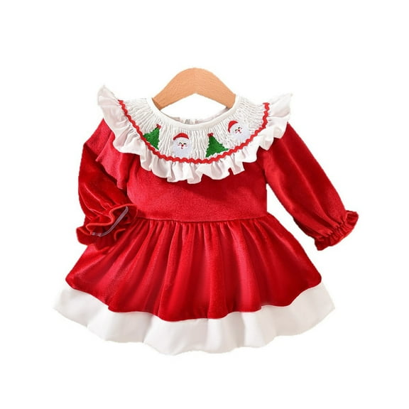 Afdoent Girls Fashion Dresses Christmas Baby Girls' Party Dress With Floral Embroidery And Flounce Hem Long Sleeve Romper Jumpsuit Outfit For Holiday Celebration 9-12 Months
